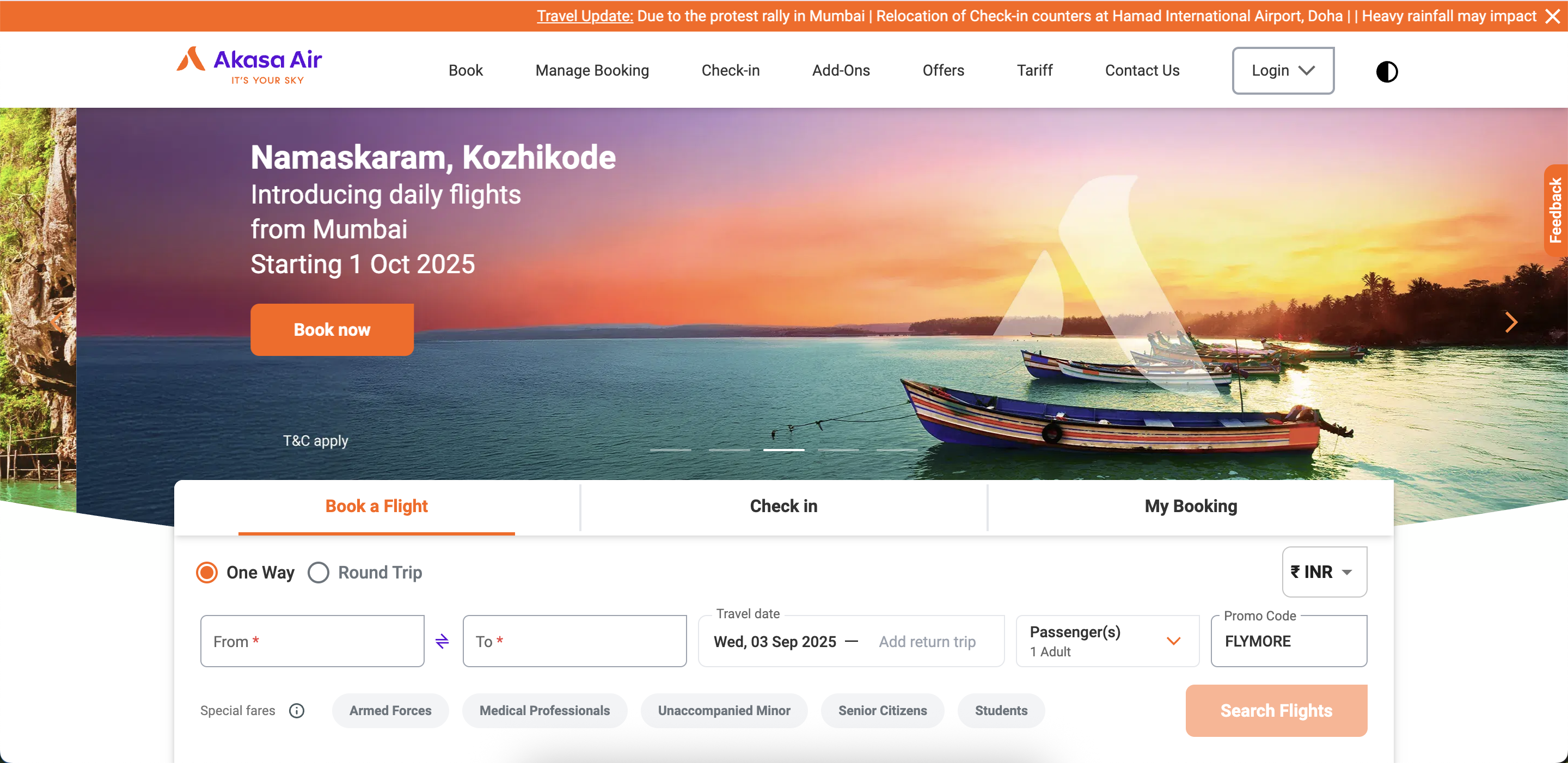 Akasa Air Homepage Check-in Button